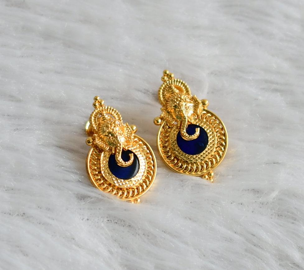 Gold tone kerala style blue round ganesha earrings dj-47850