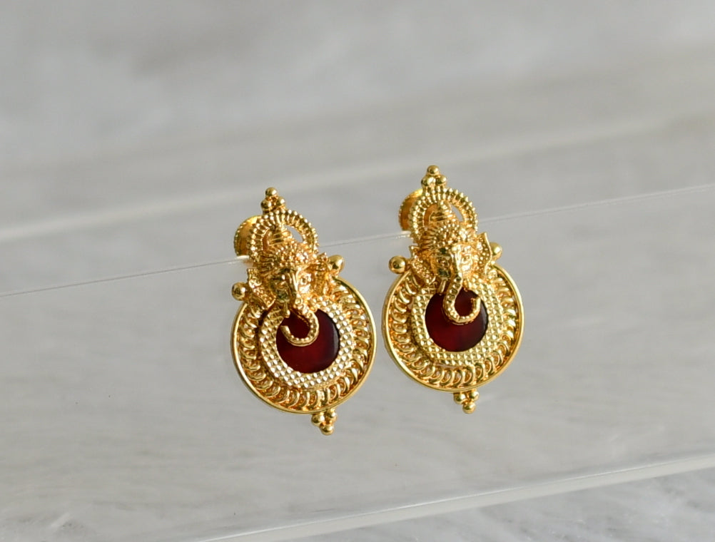 Gold tone kerala style red round ganesha earrings dj-47851