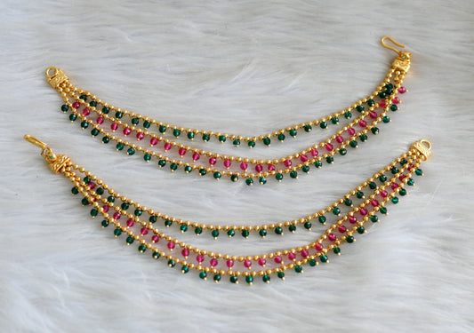 Gold tone multi layer green-pink beaded ear side chain dj-42965