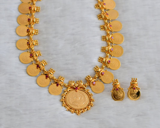 Gold tone ruby stone lakshmi coin short haar set dj-49775