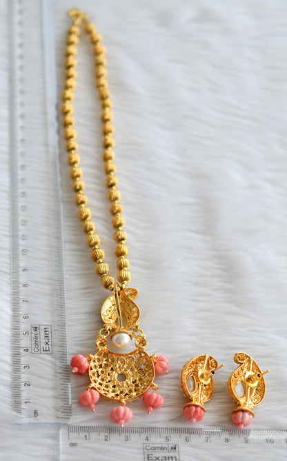 Antique gold tone pearl-baby pink pumpkin beaded mango necklace set dj-44457