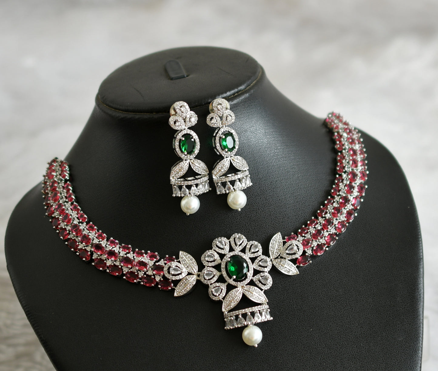 Silver tone cz magenta pink-green oval stone flower necklace set dj-47858