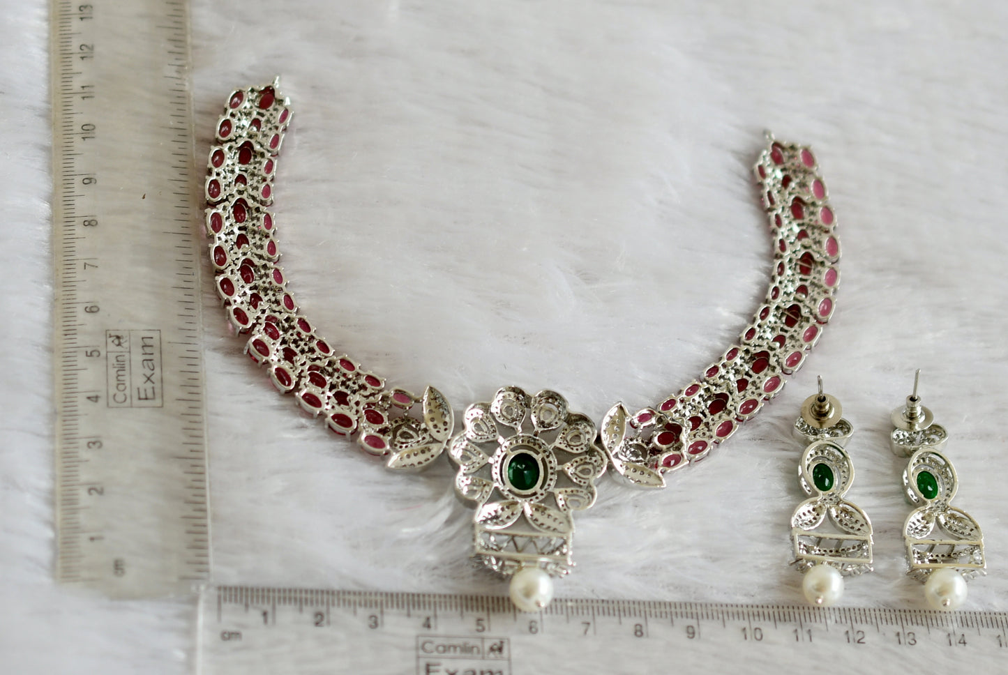 Silver tone cz magenta pink-green oval stone flower necklace set dj-47858