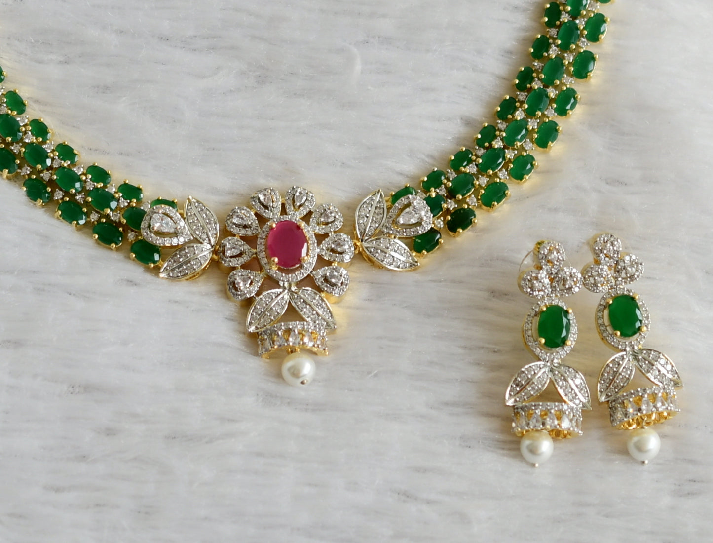 Two tone cz emerald-ruby-white oval stone flower necklace set dj-47857