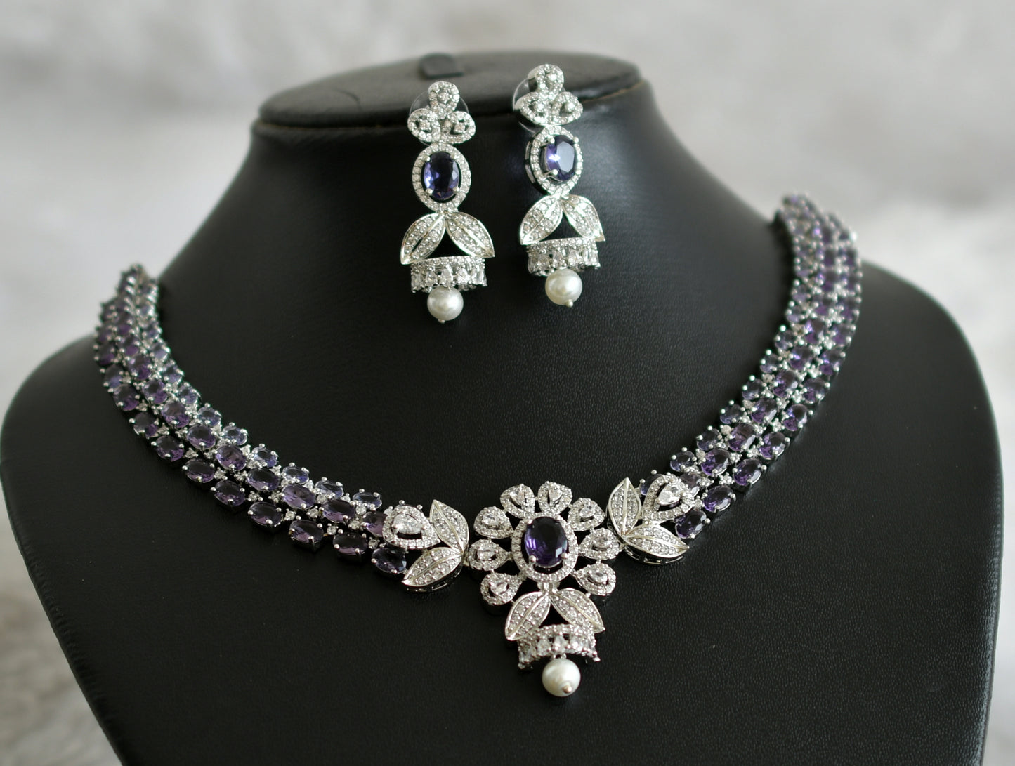 Silver tone cz purple-white oval stone flower necklace set dj-47863