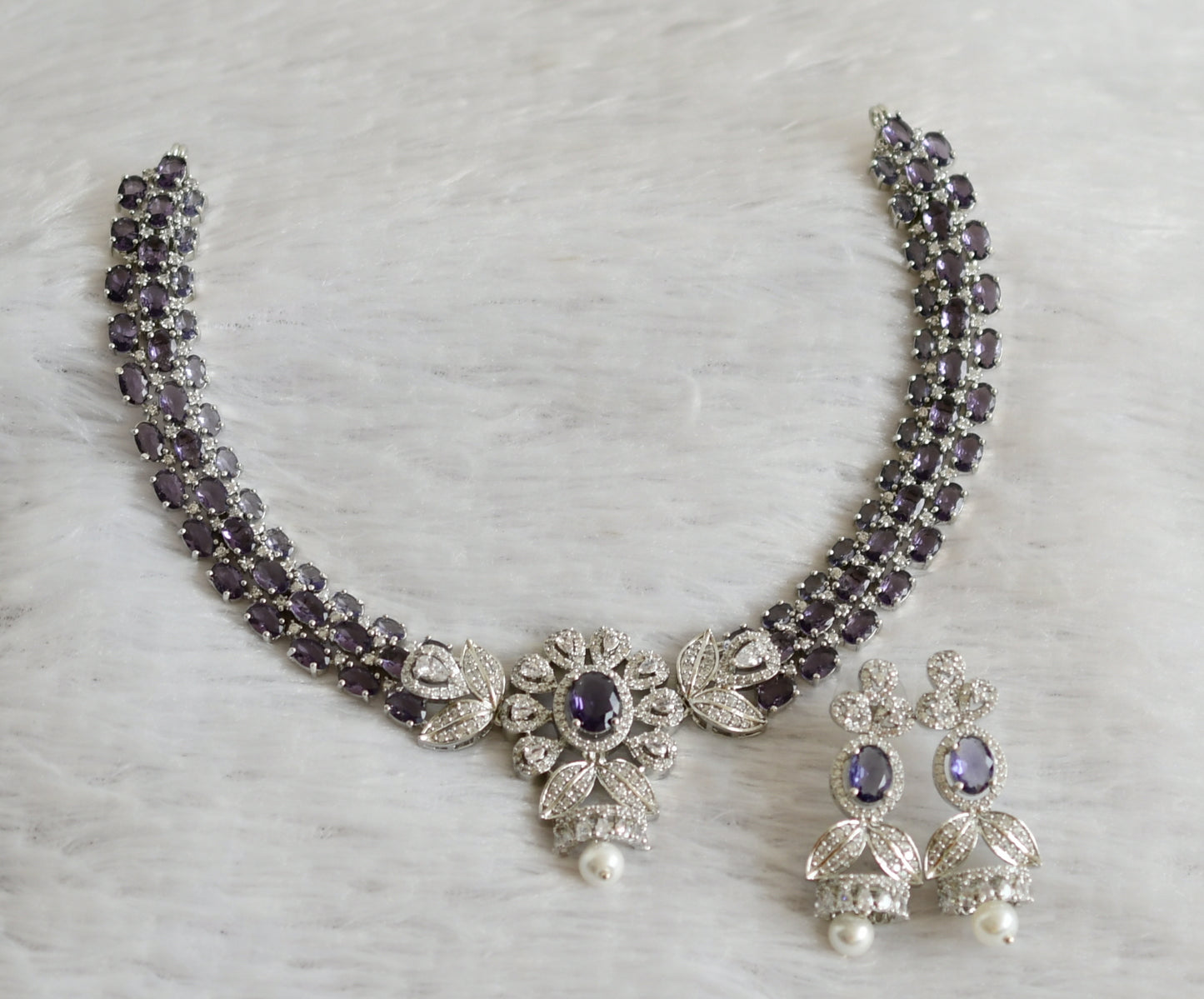 Silver tone cz purple-white oval stone flower necklace set dj-47863