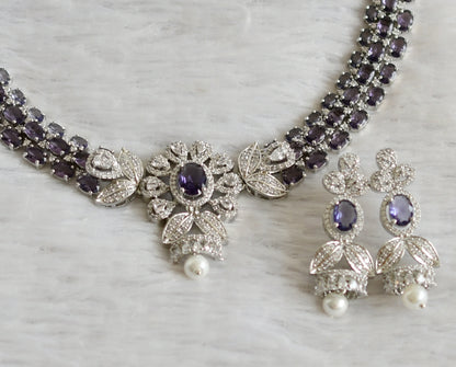 Silver tone cz purple-white oval stone flower necklace set dj-47863