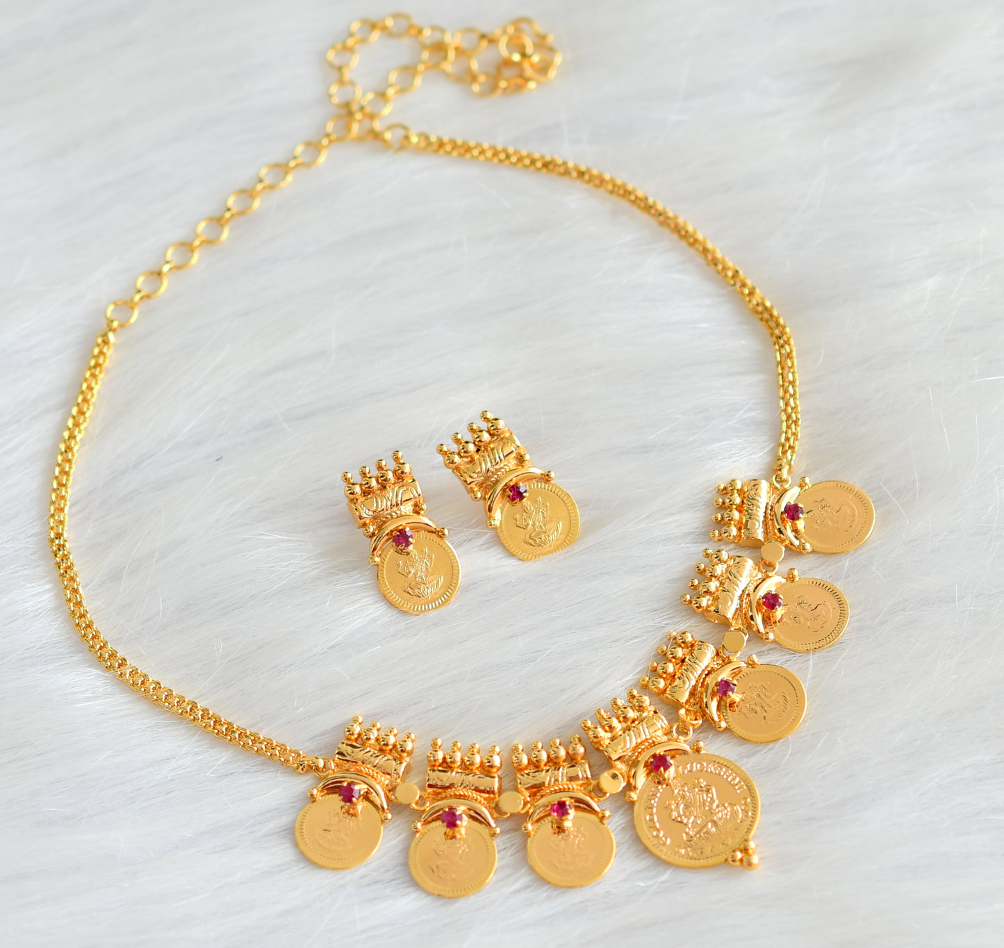 Gold tone Kerala style pink Lakhsmi coin necklace set dj-42985