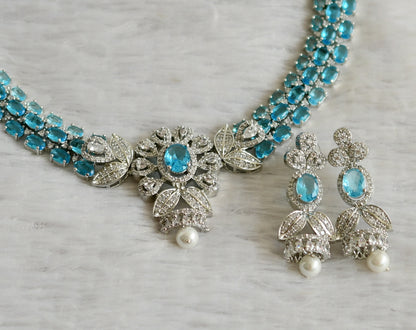 Silver tone cz sky blue-white oval stone flower necklace set dj-47862