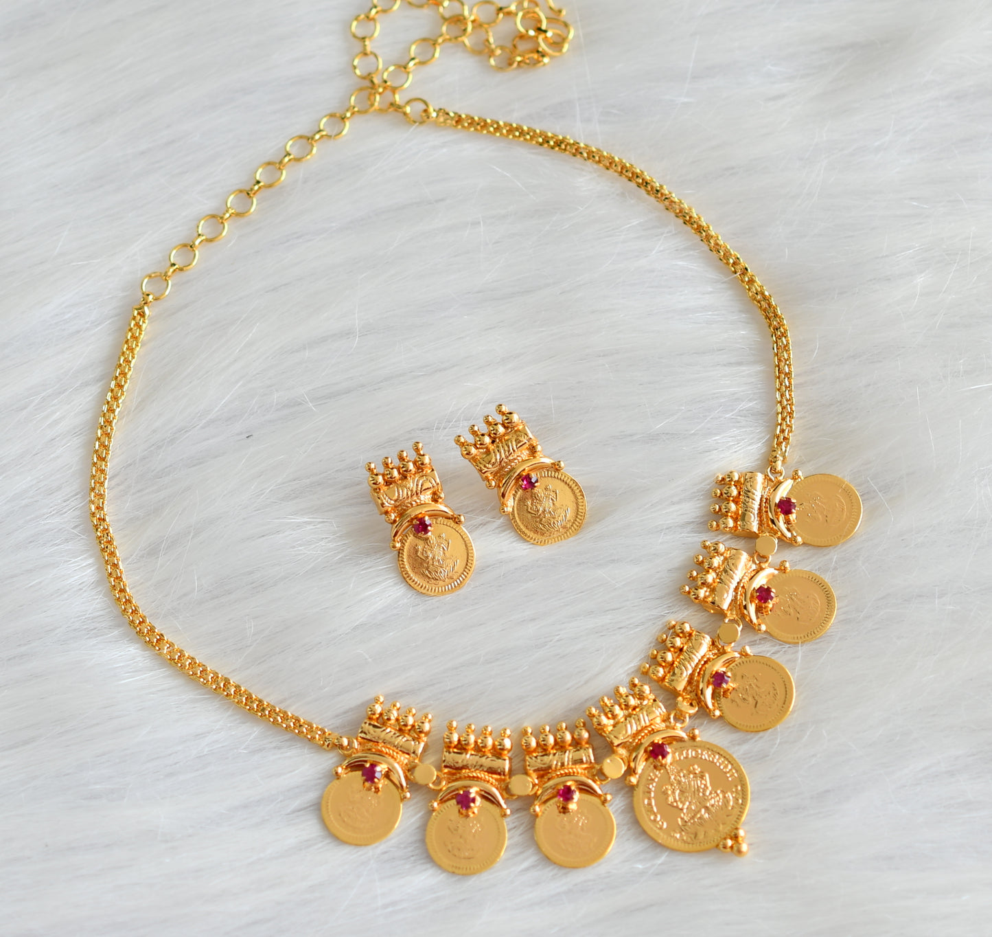 Gold tone Kerala style pink Lakhsmi coin necklace set dj-42985