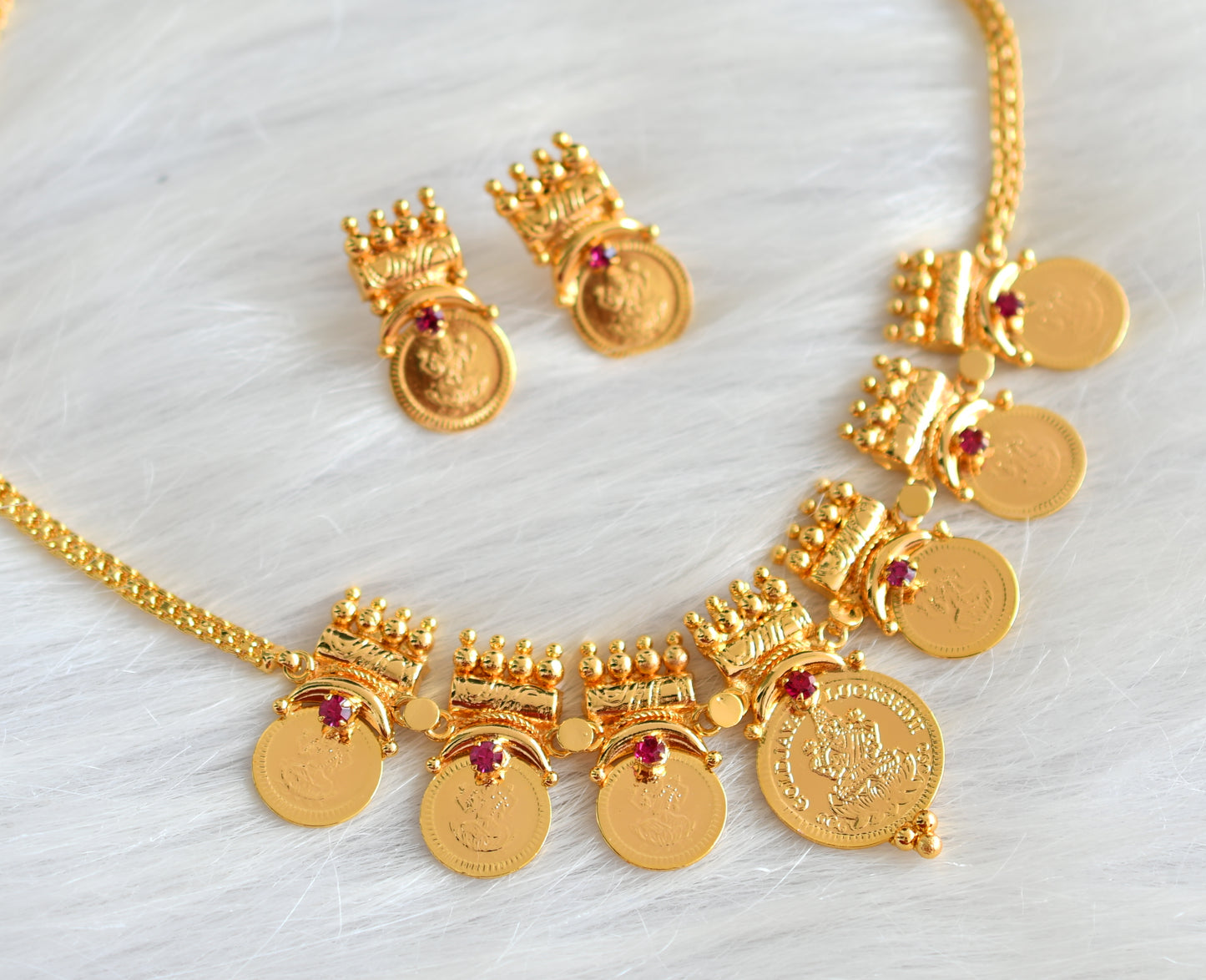 Gold tone Kerala style pink Lakhsmi coin necklace set dj-42985