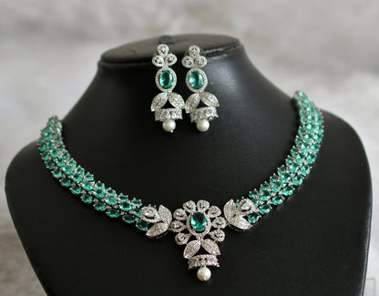 Silver tone cz sea green-white oval stone flower necklace set dj-47861