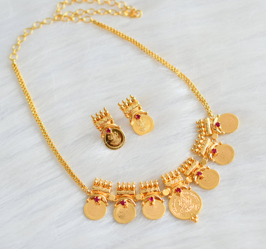 Gold tone Kerala style pink Lakhsmi coin necklace set dj-42985