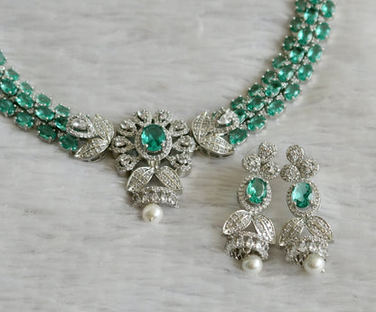 Silver tone cz sea green-white oval stone flower necklace set dj-47861