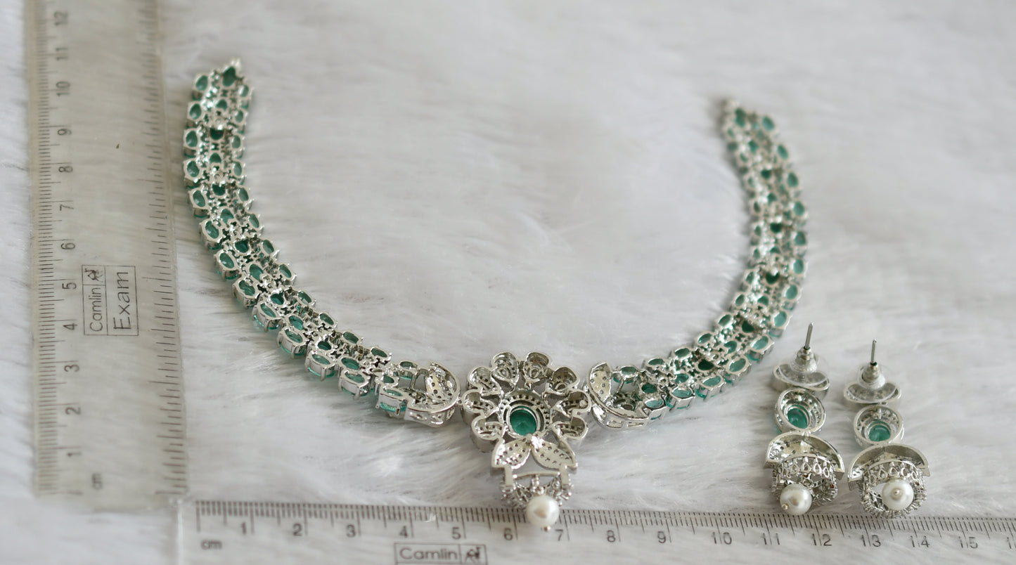 Silver tone cz sea green-white oval stone flower necklace set dj-47861