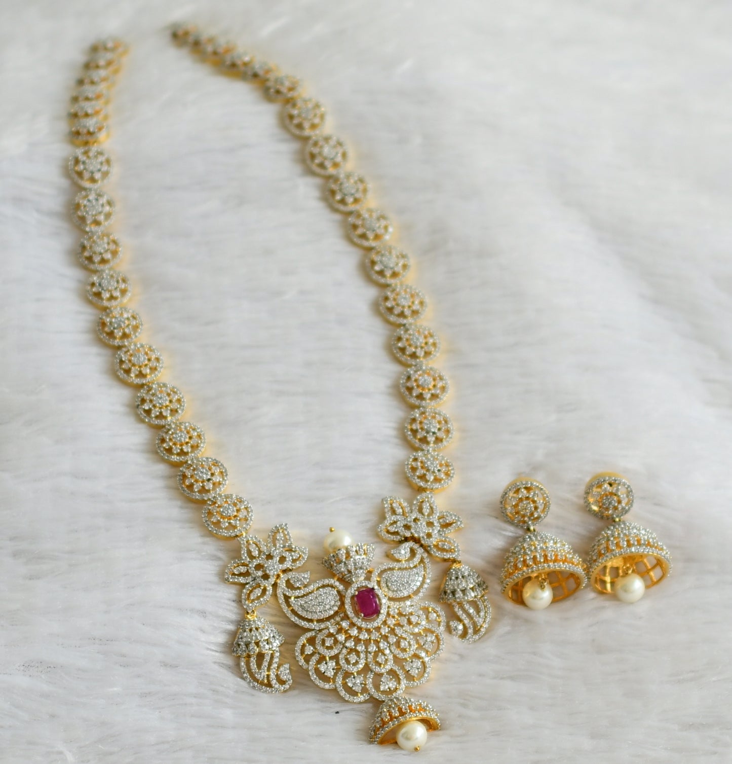 Two tone cz ruby-white pearl mango flower haar set dj-47864