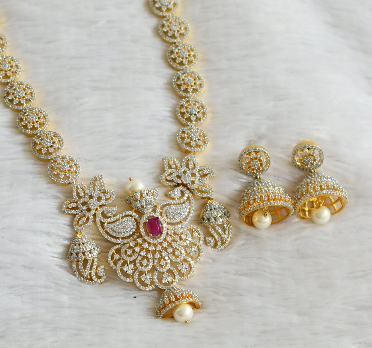 Two tone cz ruby-white pearl mango flower haar set dj-47864