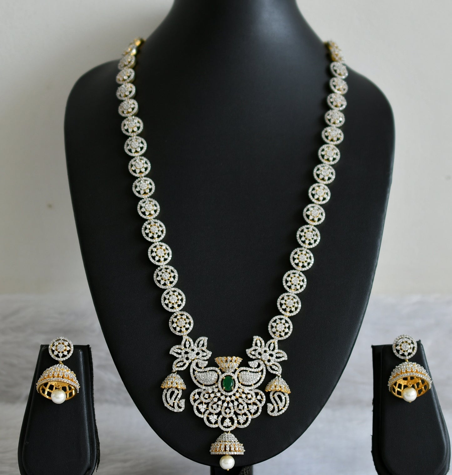 Two tone cz emerald-white pearl mango flower haar set dj-47865