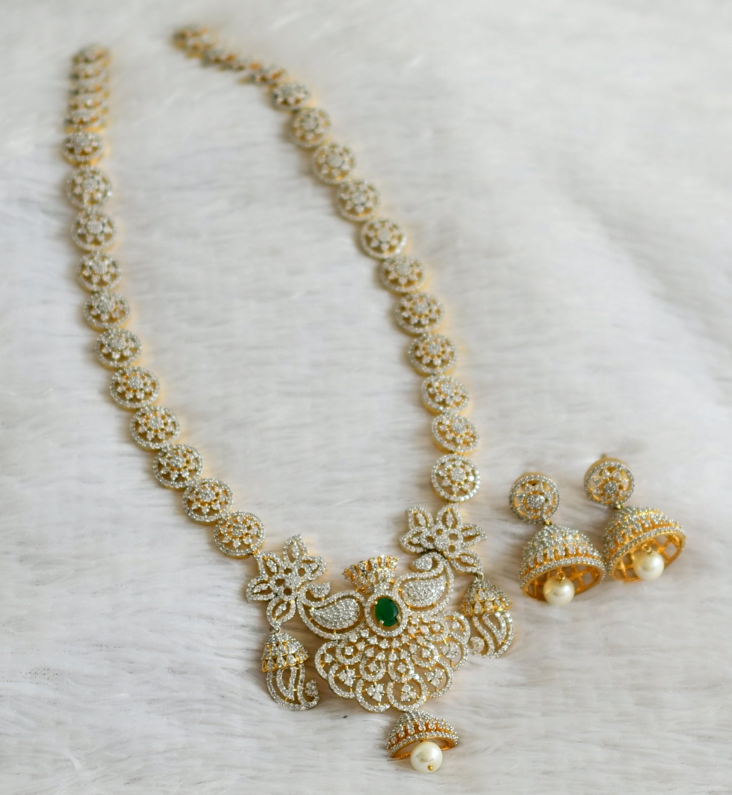 Two tone cz emerald-white pearl mango flower haar set dj-47865