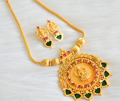 Gold tone pink-green Lakshmi palakka kodi necklace set dj-42987