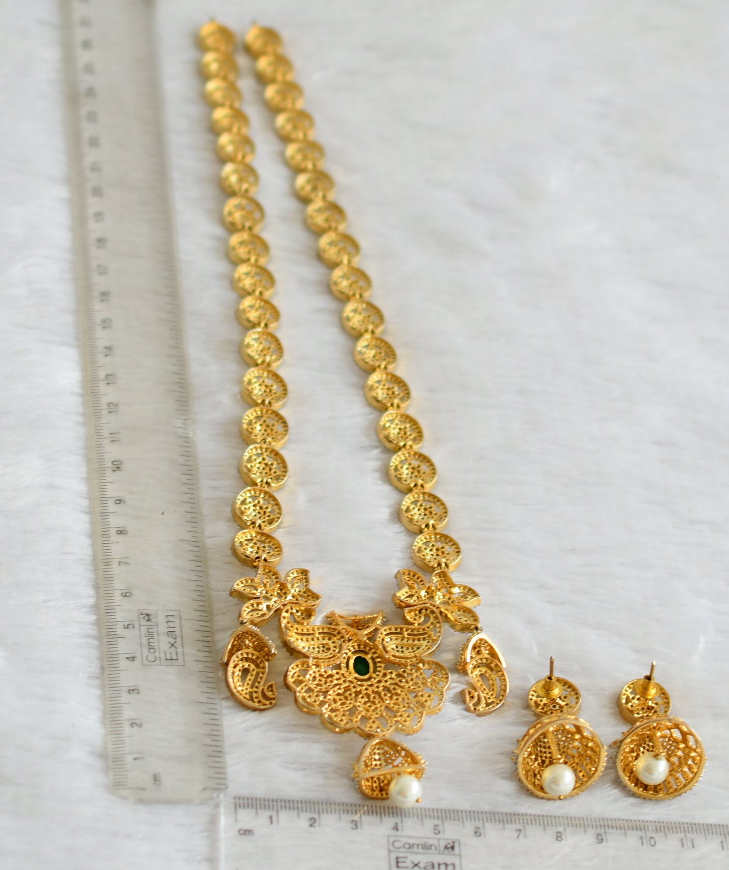 Two tone cz emerald-white pearl mango flower haar set dj-47865