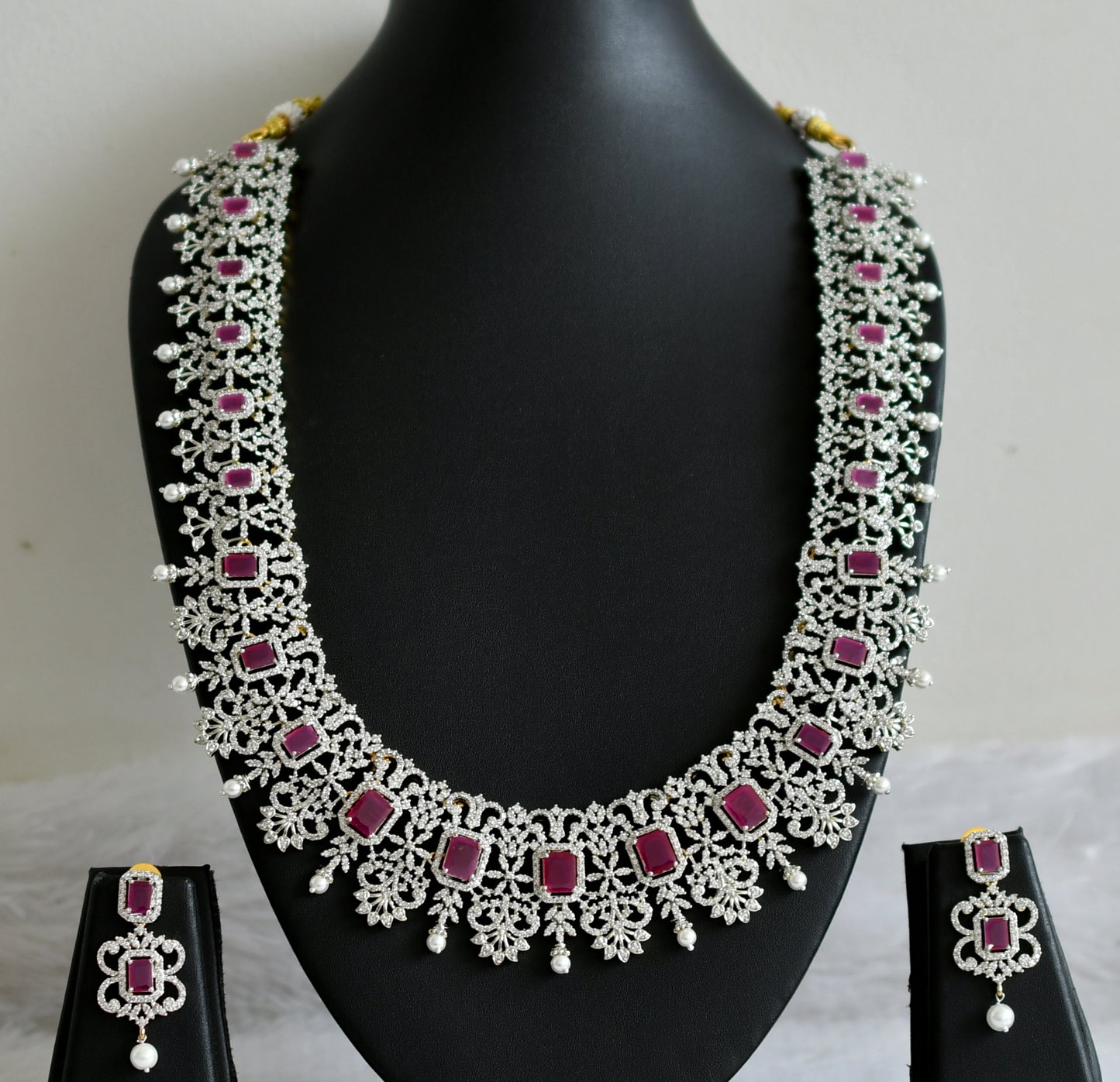 Two tone cz ruby-white pearl block stone bridal short haar set dj-47866