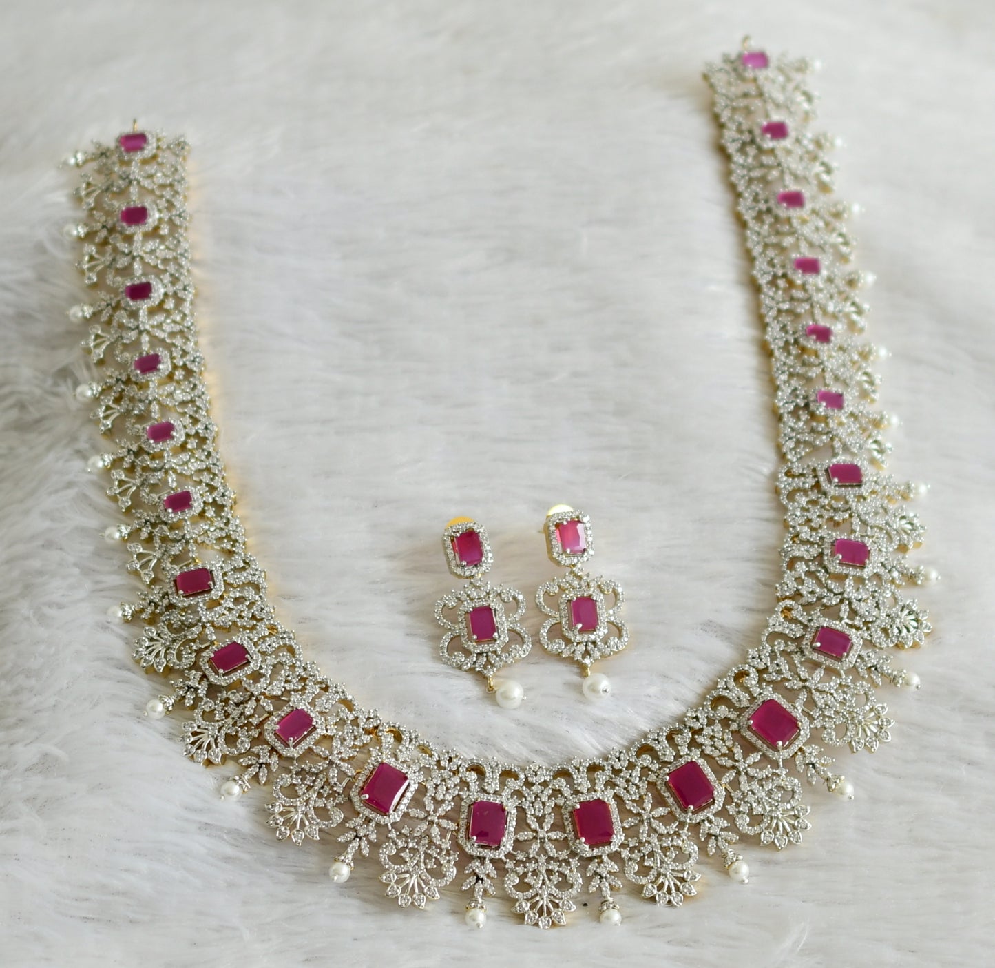 Two tone cz ruby-white pearl block stone bridal short haar set dj-47866