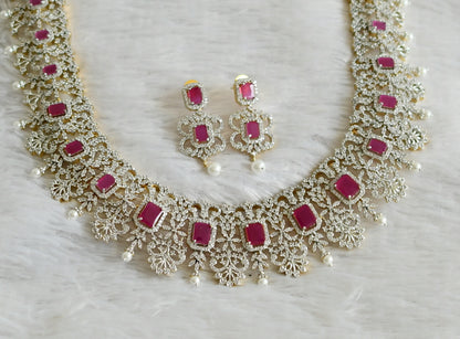 Two tone cz ruby-white pearl block stone bridal short haar set dj-47866