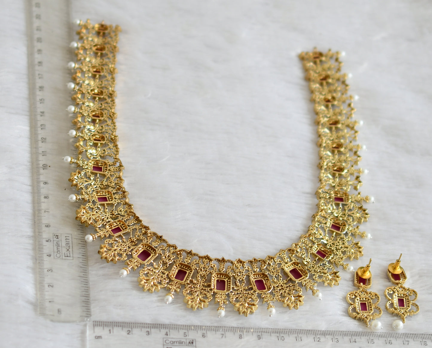 Two tone cz ruby-white pearl block stone bridal short haar set dj-47866