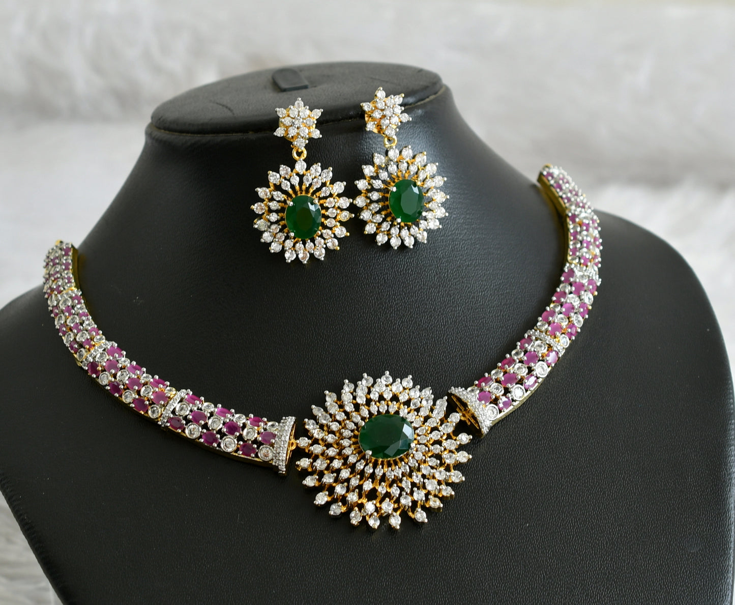 Two tone cz ruby-green flower necklace set dj-47745