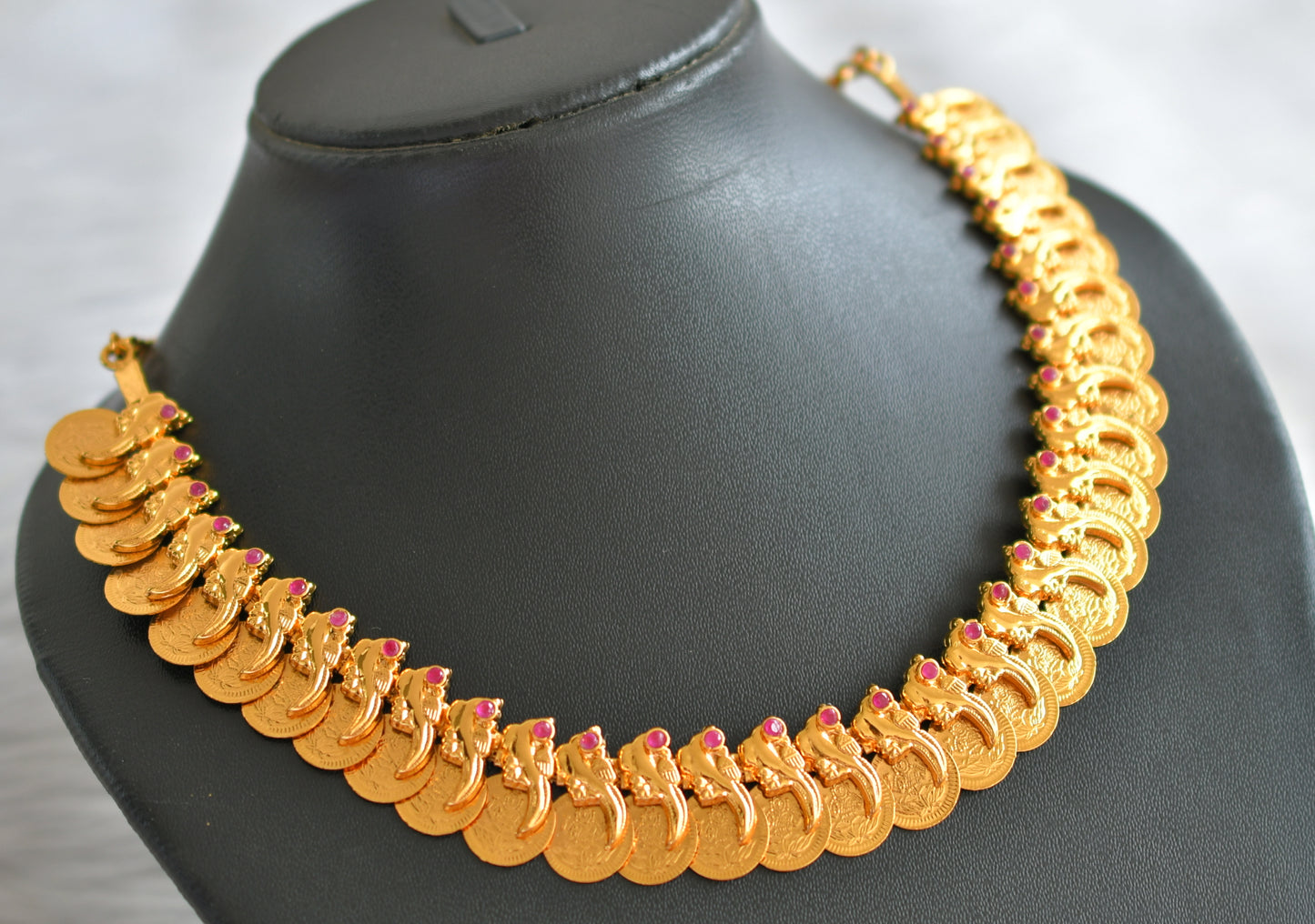 Gold tone ruby stone peacock-lakshmi coin necklace dj-44470