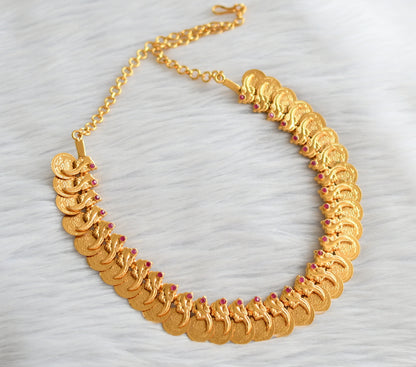 Gold tone ruby stone peacock-lakshmi coin necklace dj-44470