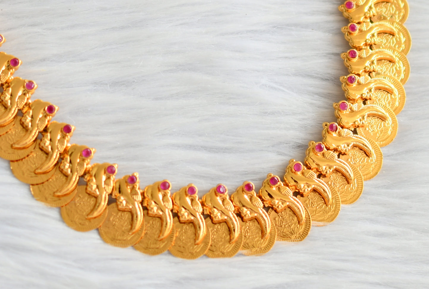 Gold tone ruby stone peacock-lakshmi coin necklace dj-44470