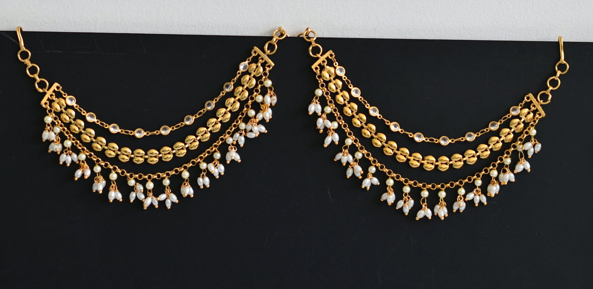 Whitestone Ear Chain Antique gold tone white stone rice pearl multi layer ear side chain dj ...