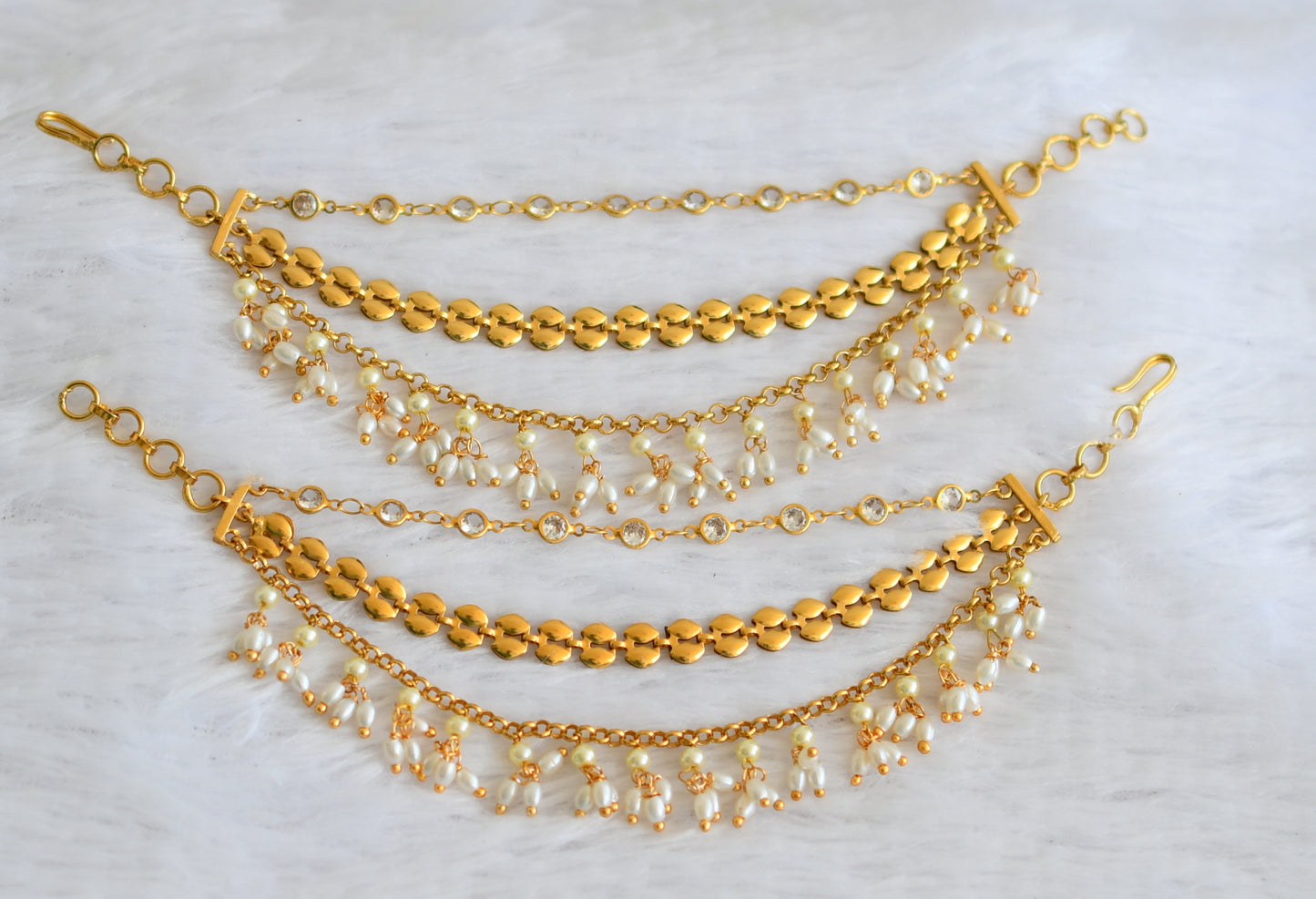 Whitestone Ear Chain Antique gold tone white stone rice pearl multi layer ear side chain dj ...
