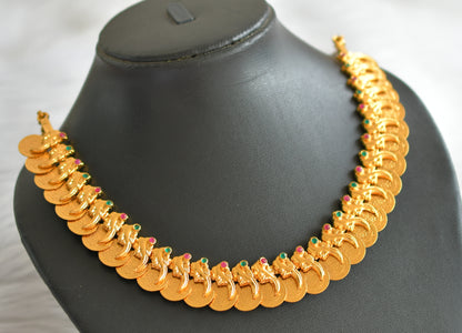 Gold tone ruby-green stone peacock-lakshmi coin necklace dj-44471