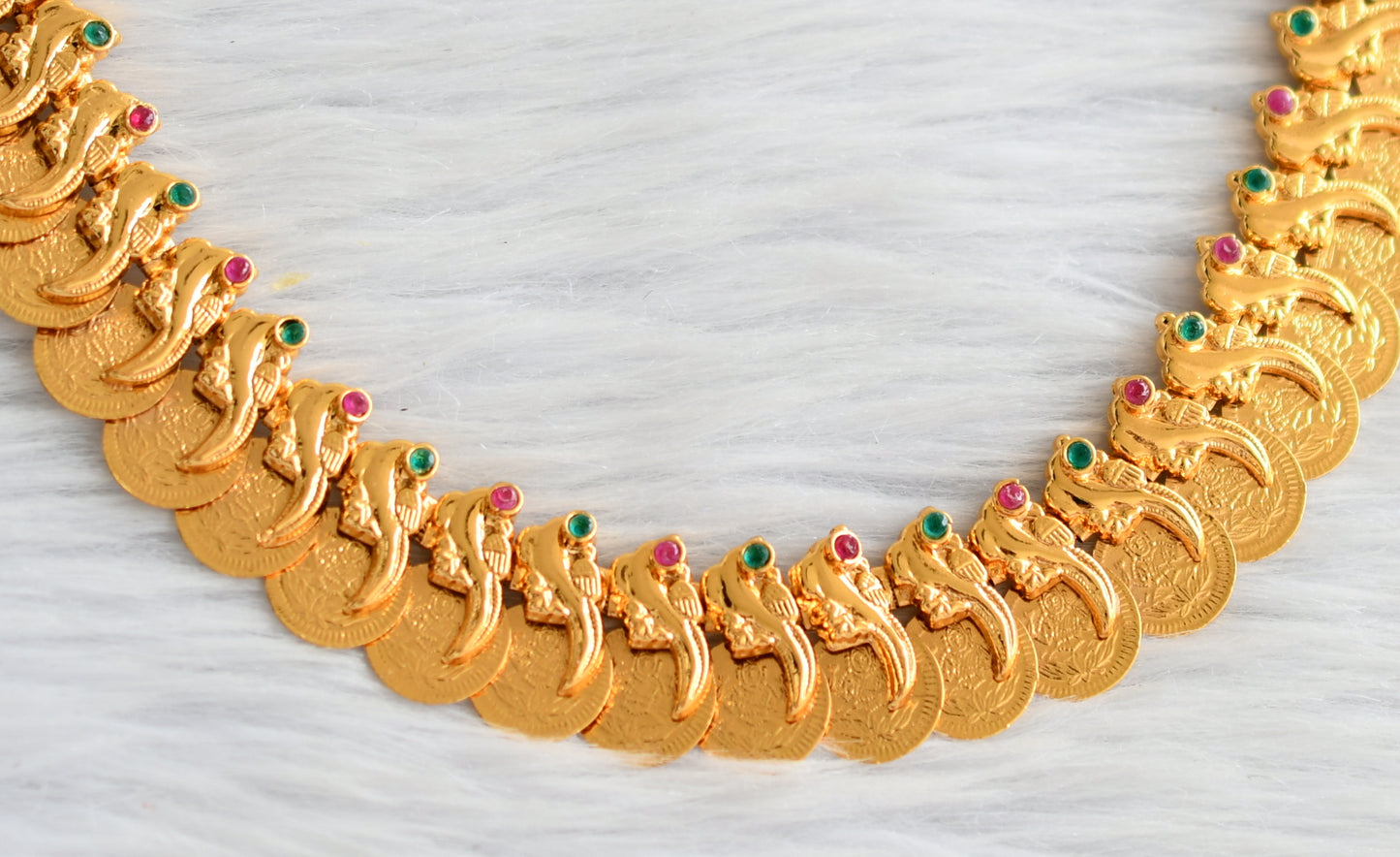 Gold tone ruby-green stone peacock-lakshmi coin necklace dj-44471