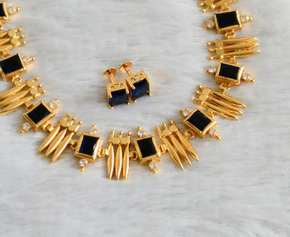 Gold tone blue block stone kerala style mulla mottu necklace set dj-47872