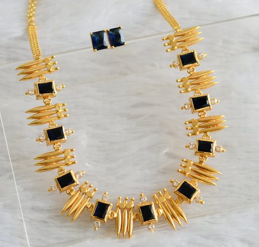 Gold tone blue block stone kerala style mulla mottu necklace set dj-47872