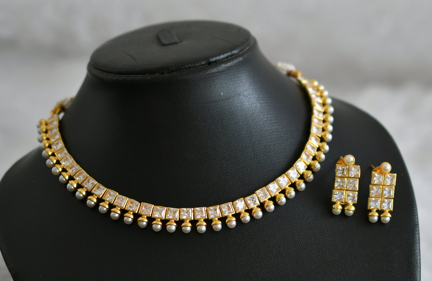 Gold tone cz white pearl polki block stone necklace set dj-47869