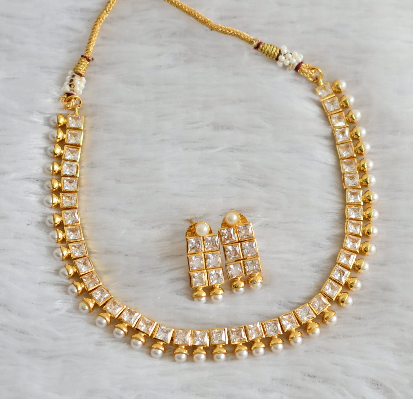 Gold tone cz white pearl polki block stone necklace set dj-47869