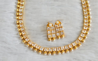 Gold tone cz white pearl polki block stone necklace set dj-47869