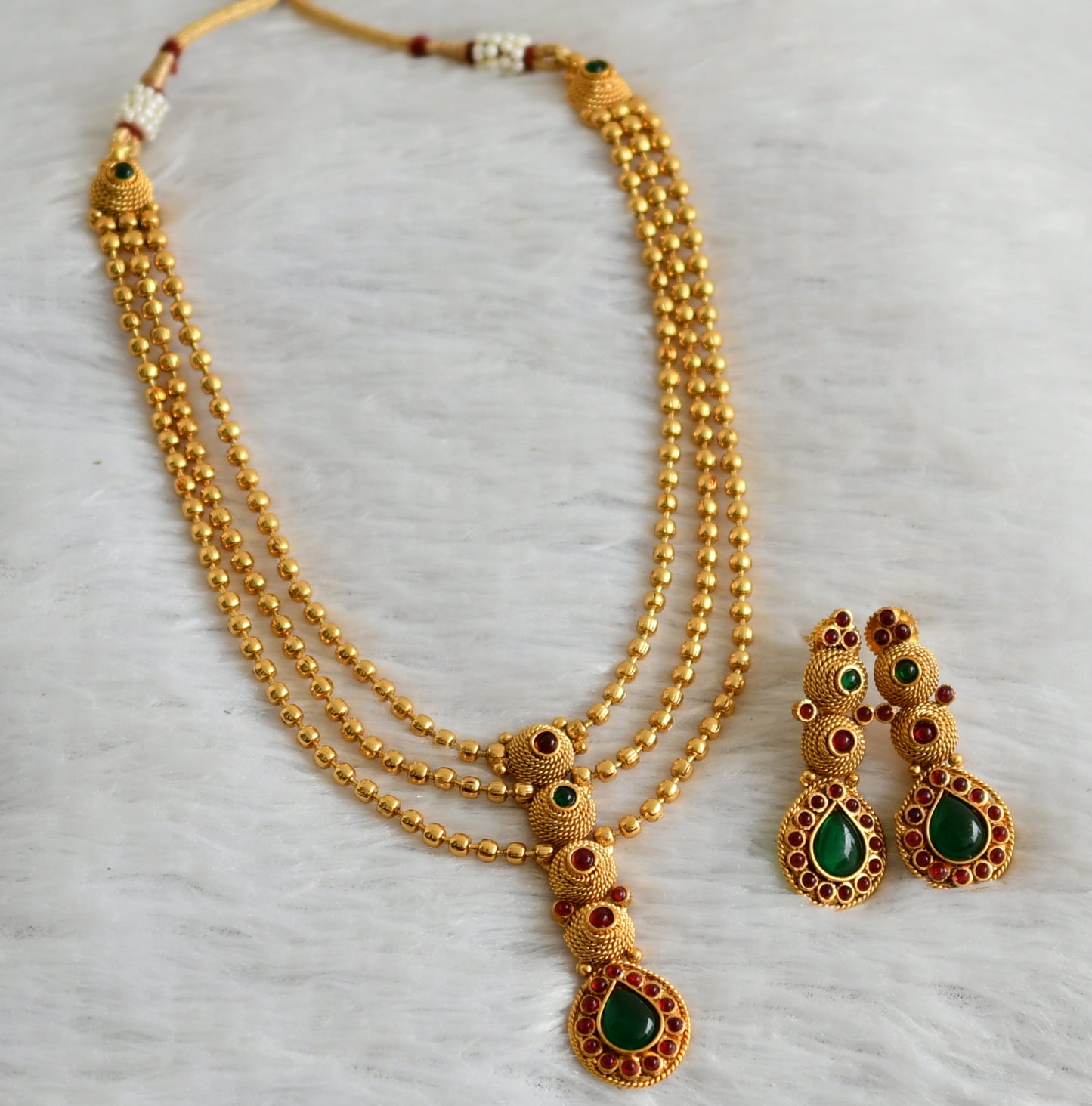 Antique gold tone kemp-green layer ball chain necklace set dj-47870