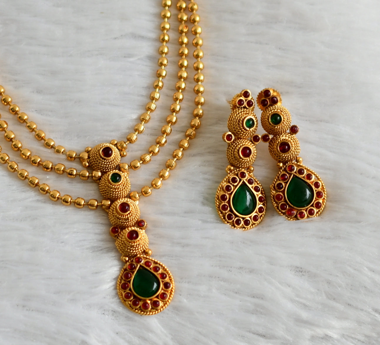 Antique gold tone kemp-green layer ball chain necklace set dj