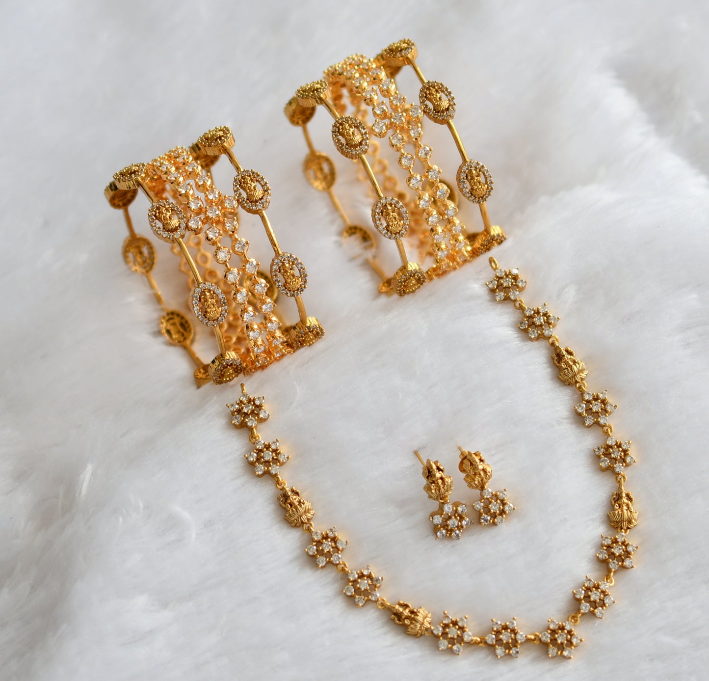 Matte finish cz white lakshmi flower necklace set with set of 6 bangles combo set(2.6) dj-46316