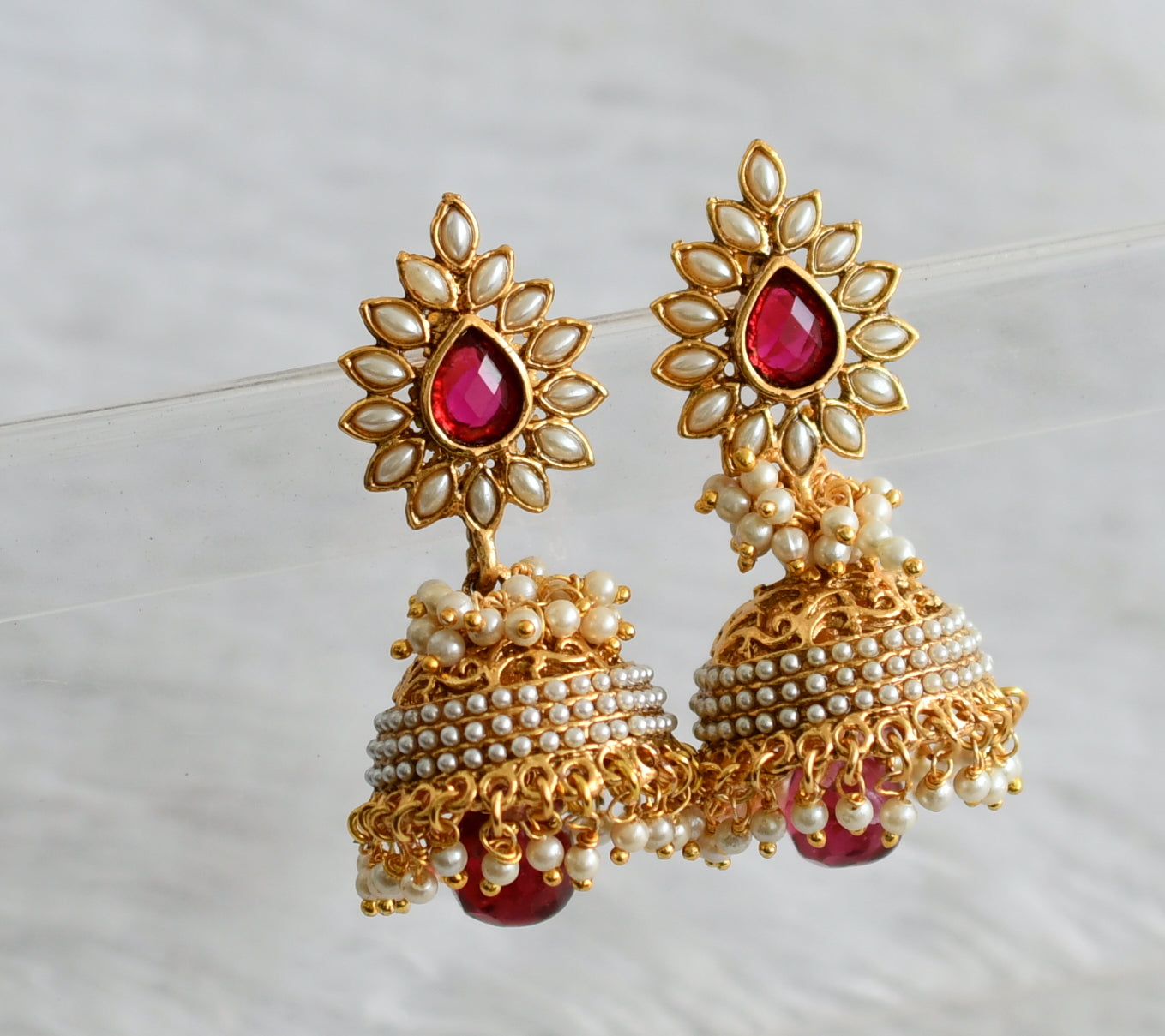 Antique gold tone pink pearl cluster tilak jhumkka dj-47876