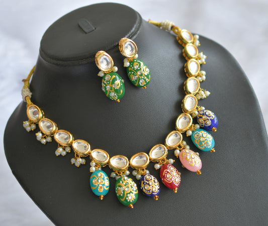 Gold tone white kundan multi color meenakari beads necklace set dj-34828