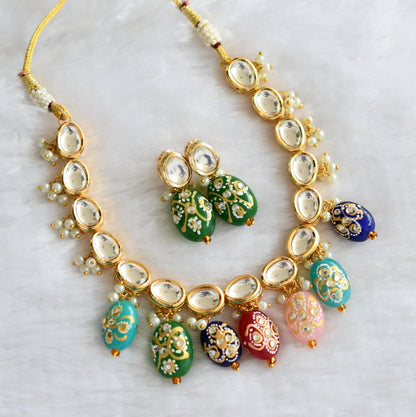 Gold tone white kundan multi color meenakari beads necklace set dj-34828