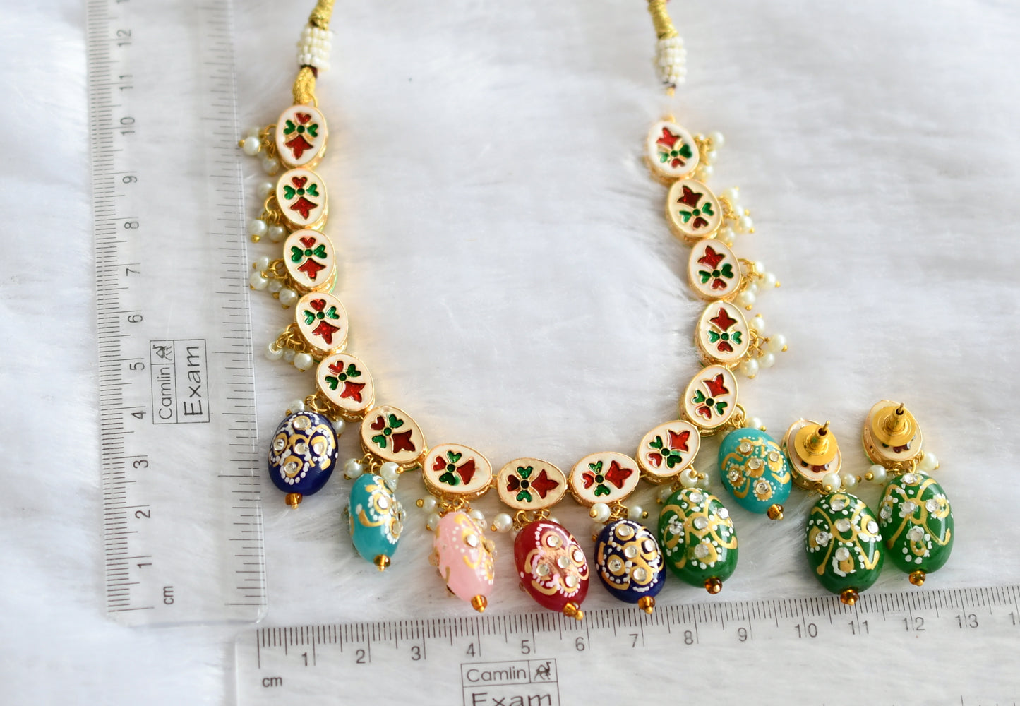 Gold tone white kundan multi color meenakari beads necklace set dj-34828