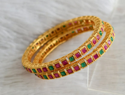 Gold tone ruby-green block stone bangles(2.6) dj-47882